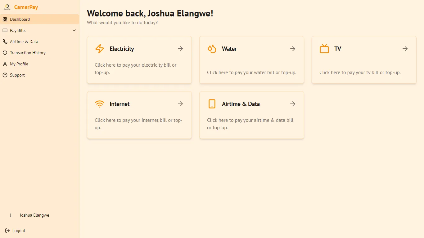 CamerPay dashboard showing bill payment options for electricity, water, TV, internet and airtime